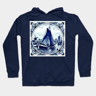 Dutch Blue Delft Windmills and Sailboats Print Hoodie